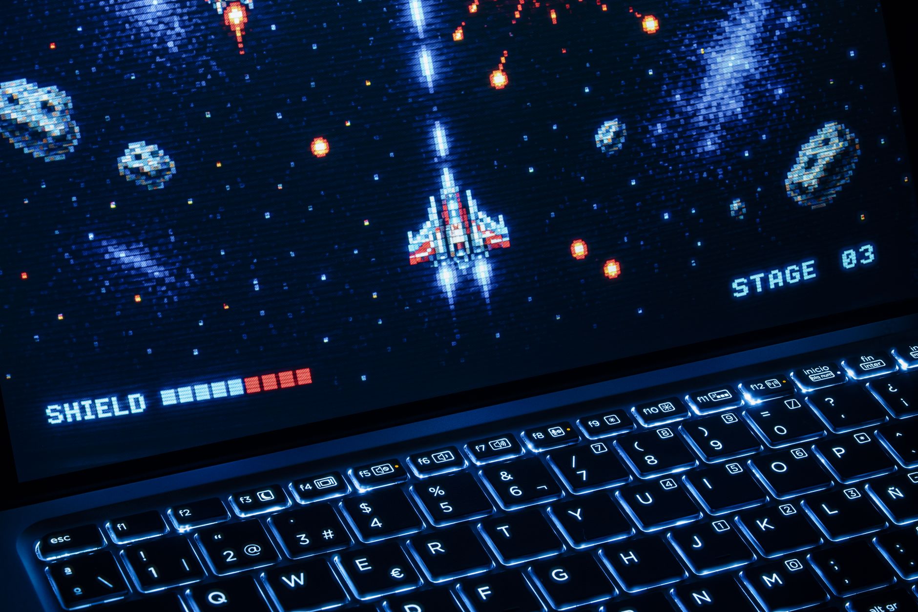 Retro style arcade shooter aurora drift playing on CRT